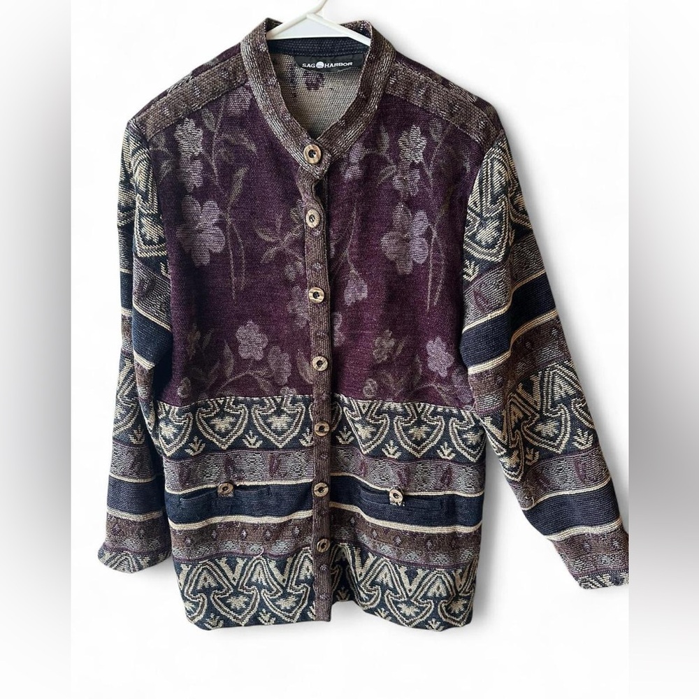 Vintage 90s Sag Harbor Purple Floral Paisley Button-up Sweater Sm-Med